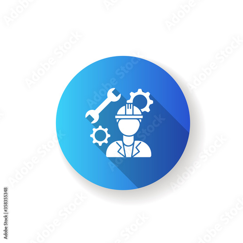 Mechanical engineer blue flat design long shadow glyph icon. Professional repairman. Technician to work in facility on managing heavy machinery. Male constructor. Silhouette RGB color illustration