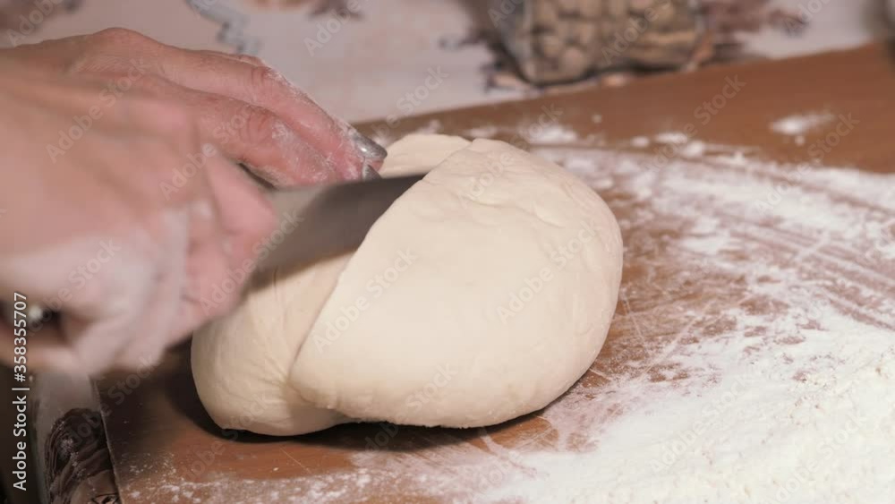 a woman cuts a large piece of raw dough in half. on a wooden Board sprinkled with flour a woman cuts a large piece of raw dough in half. on a wooden Board sprinkled with flour