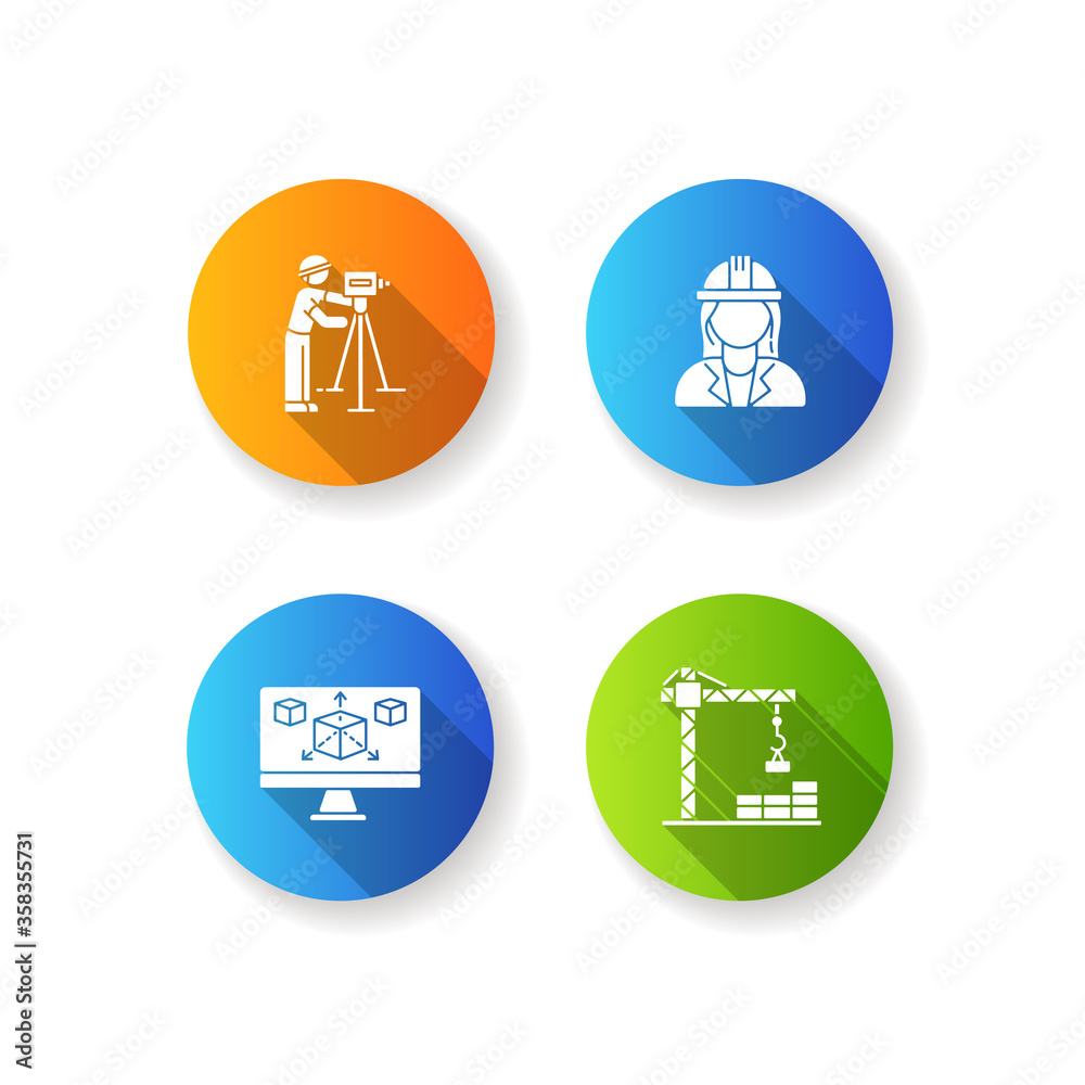 Construction building process flat design long shadow glyph icons set. Three dimensional computer modeling. Professional land surveyor. Female architect. Silhouette RGB color illustration Construction building process flat design long shadow glyph icons set. Three dimensional computer modeling. Professional land surveyor. Female architect. Silhouette RGB color illustration