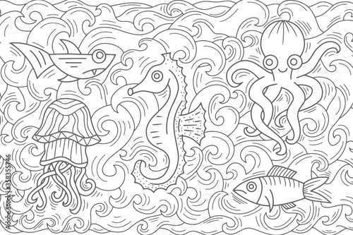 Outline underwater animal isolated on white. Octopus  shark  jellyfish  fish  seahorse in water. Sketch hand drawing art line. Coloring page book. Outline sea life. Vector stock illustration