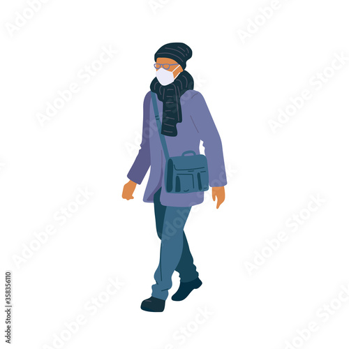 Walking man in surgical mask of season casual clothes street style. Vector flat adult character cartoon isolated illustration.
