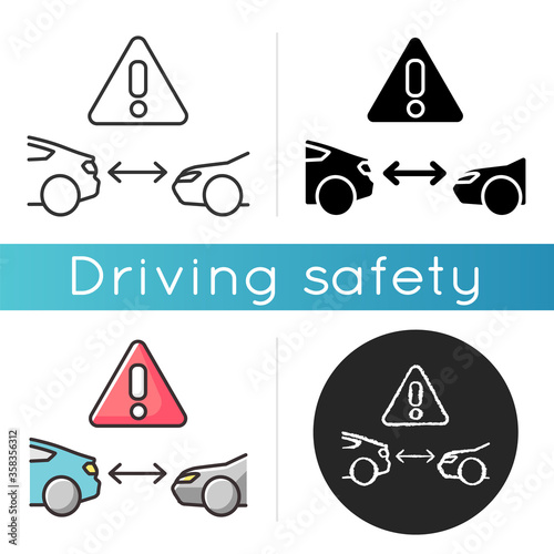 Safe distance between cars icon. Safety driving rule, smart cruise control system. Linear black and RGB color. Advice for drivers. Vehicles in proximity isolated vector illustrations