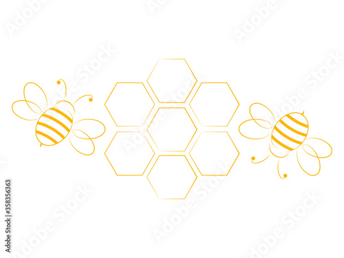 Line orange cute bees with honeycomb vector illustration isolated on white