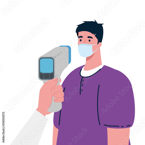 covid 19 coronavirus, hand holding infrared thermometer to measure body temperature, man check temperature vector illustration design