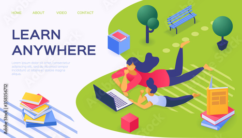 Learn anywhere with flat laptop, vector illustration. People character use internet technology for learning online concept. School education at distance, mother and son on cartoon green grass.