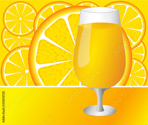 Vector illustration. Glass with orange juice. Orange background