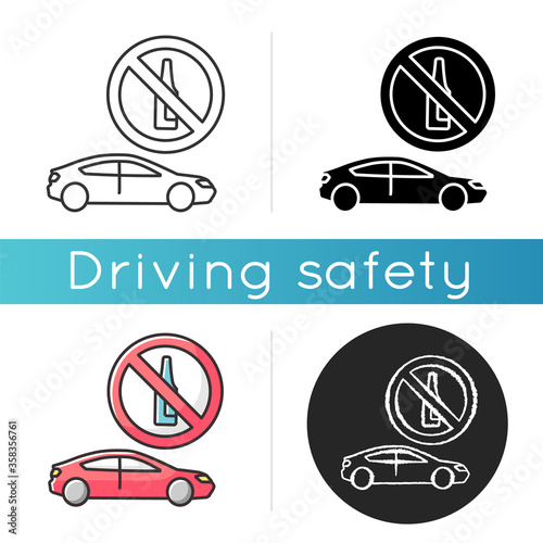 Drunk driving icon. Traffic safety law, responsible drinking. Linear black and RGB color. Advice for careful drivers. Auto and alcohol prohibition sign isolated vector illustrations