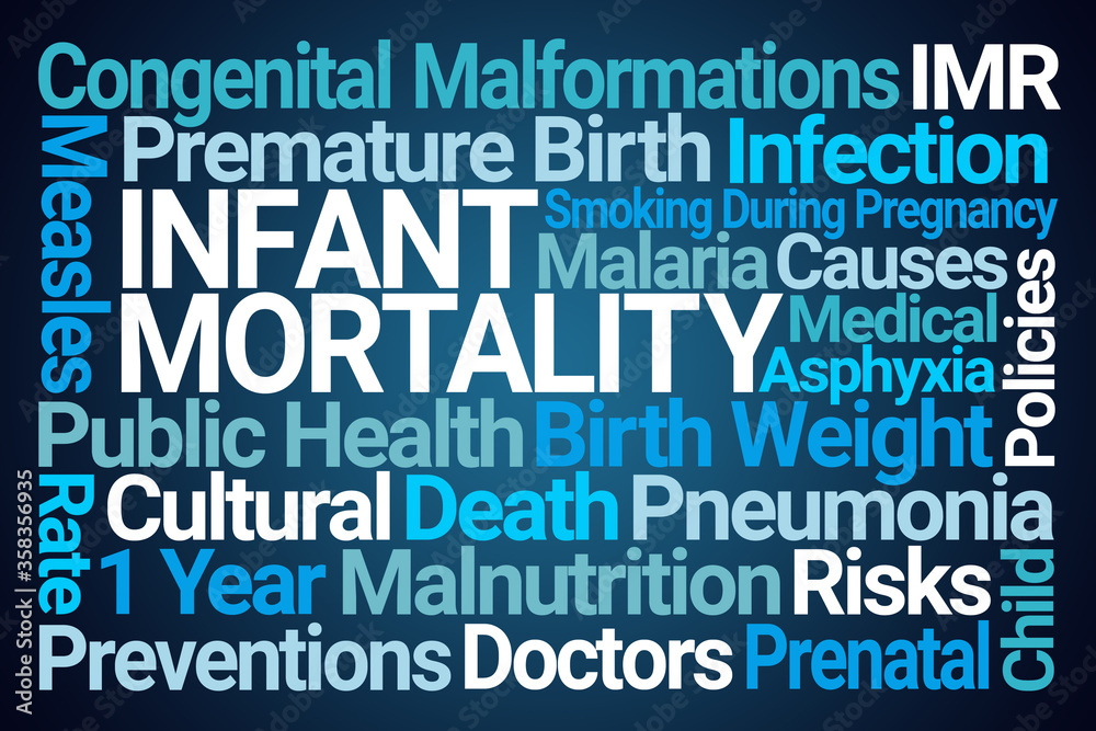 Infant Mortality Word Cloud on Blue Background