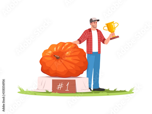 Harvest festival competition semi flat RGB color vector illustration. First place pumpkin, male winner with prize. County fair contest winner isolated cartoon character on white background
