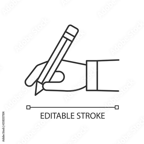 Copy writer pixel perfect linear icon. Hand hold pencil. Write signature. Hobby and craft. Thin line customizable illustration. Contour symbol. Vector isolated outline drawing. Editable stroke