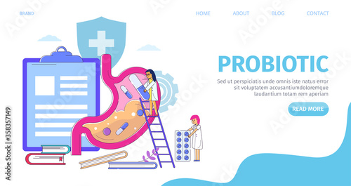 Digestive stomach health care with probiotics landing, vector illustration. Flat medicine bacteria for gut disease, gastrointestinal flora banner. Medical healthy system, person character.