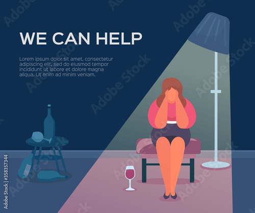 People health, psychologist we can help, vector illustration. Session therapy for patient group, psychology female support. Counseling conversation about depression, woman alcoholic in stress.