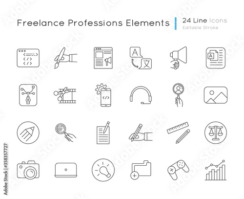 Freelance professions elements pixel perfect linear icons set. Online marketing strategy. Game pad. Customizable thin line contour symbols. Isolated vector outline illustrations. Editable stroke