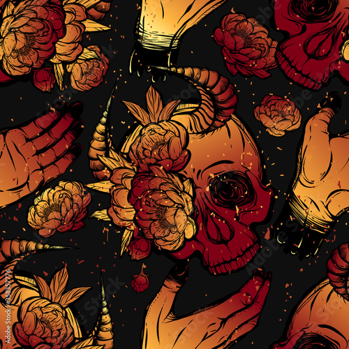 Vector illustration. skull with horns in hands  peonies flowers  mysticism. Handmade  prints on T-shirts  Red Yellow color  seamless pattern  dark background