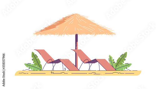 Chairs with umbrella semi flat RGB color vector illustration. Summer recreation in tropical resort. Hawaii relaxation. Travel relaxation. Beach activity isolated cartoon objects on white background