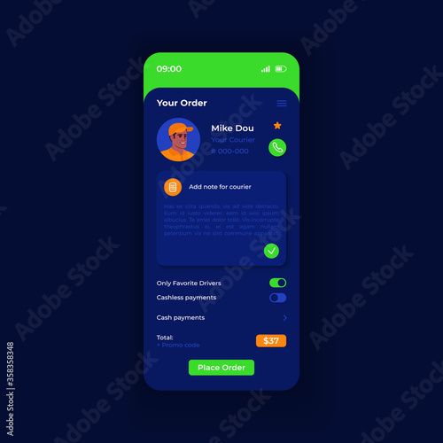 Courier service smartphone interface vector template. Mobile app page night theme design layout. Customer order information screen. Flat UI for application. Delivery details on phone display