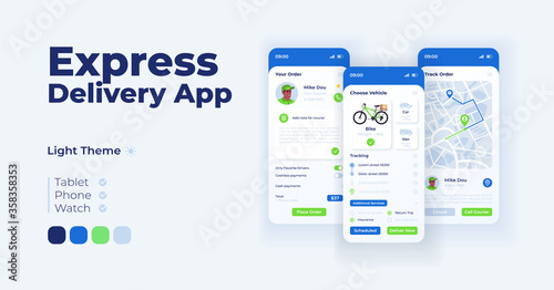 Express delivery app cartoon smartphone interface vector templates set. Mobile app screen page light mode design. Order details and route UI for application. Phone display with flat illustrations