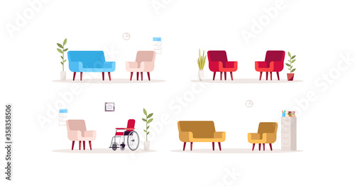Psychologist workplace semi flat RGB color vector illustration set. Office for consultation. Rehab center, corporate interior. Couche isolated cartoon objects on white background collection