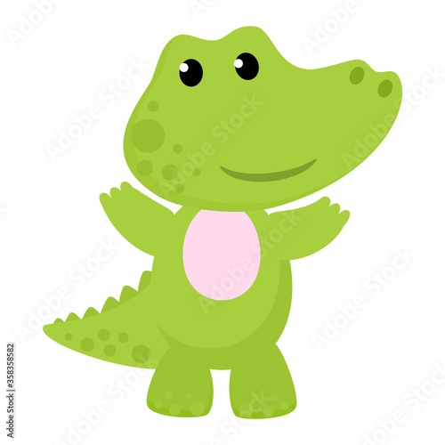 Crocodile vector cartoon crocodilian character of green alligator playing in kids playroom illustration animalistic childish funny predator isolated on white background.