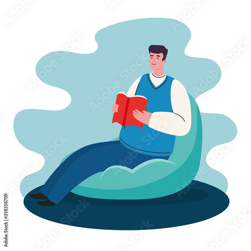 stay home, man sitting in pouf reading book, quarantine or self isolation vector illustration design