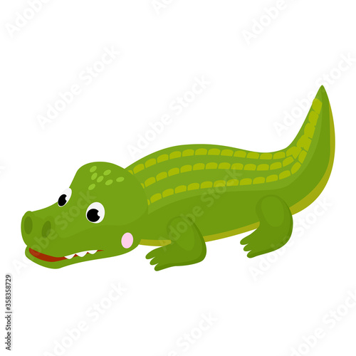 Crocodile vector cartoon crocodilian character of green alligator playing in kids playroom illustration animalistic childish funny predator isolated on white background.