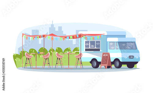 Daytime food event semi flat vector illustration. Van to sell coffee. Seasonal market with fastfood. Morning fair in urban park. Summer food court 2D cartoon scenery for commercial use