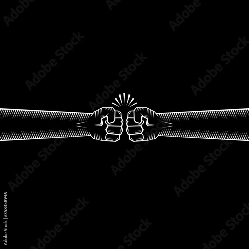 Two clenched fists bumping. Conflict, protest, brotherhood or clash concept vector illustration