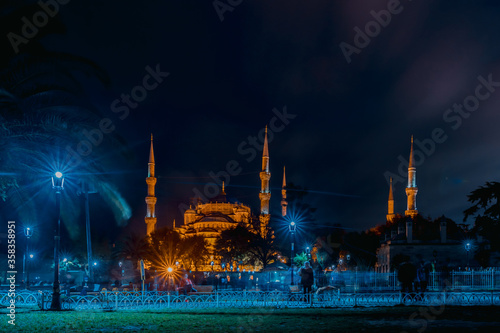 Sultan Ahmed mosque in Istanbul at night photographed on a long exposure. Night streets of Istanbul. Old city district Sultan Ahmed square.