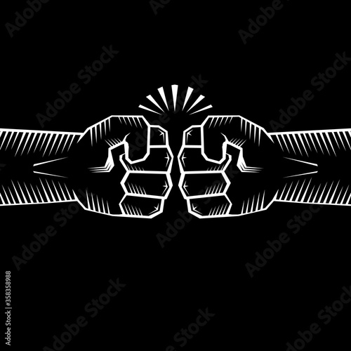 Two clenched fists bumping. Conflict, protest, brotherhood or clash concept vector illustration