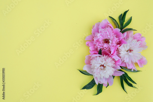 Floral composition of peony flowers on a yellow background. Spring background with white and pink flowers. Flat lay. Space for text.