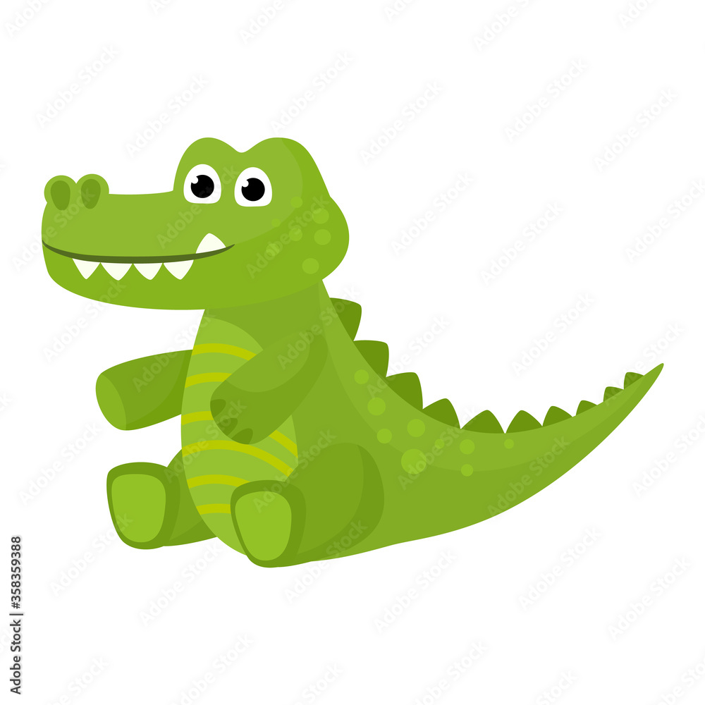 Crocodile vector cartoon crocodilian character of green alligator playing in kids playroom illustration animalistic childish funny predator isolated on white background. Crocodile vector cartoon crocodilian character of green alligator playing in kids playroom illustration animalistic childish funny predator isolated on white background.