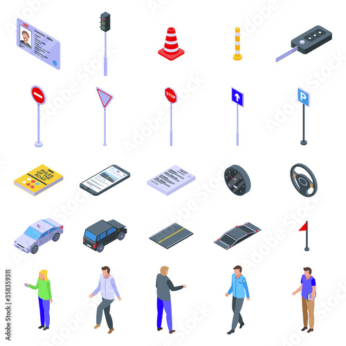 Driving school icons set. Isometric set of driving school vector icons for web design isolated on white background