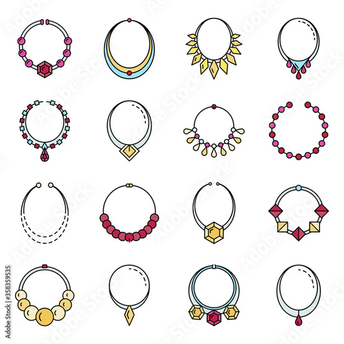 Necklace jewelry icon set. Outline set of necklace jewelry vector icons thin line color flat isolated on white
