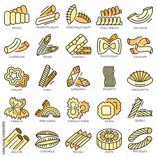 Pasta icon set. Outline set of pasta vector icons thin line color flat isolated on white