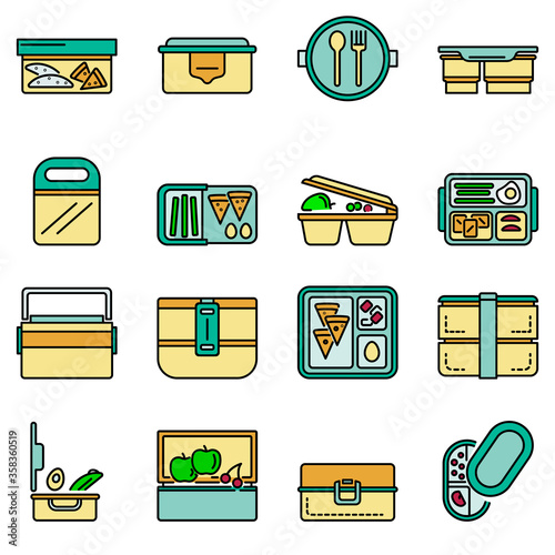 Lunchbox icon set. Outline set of lunchbox vector icons thin line color flat isolated on white