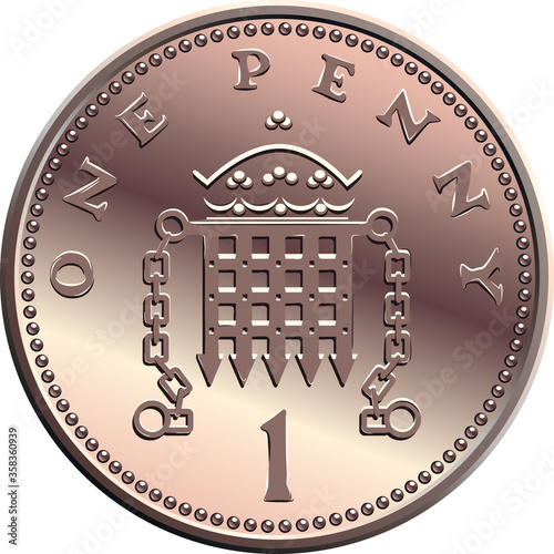 Vector british money bronze coin One penny, crowned portcullis with chains on reverse