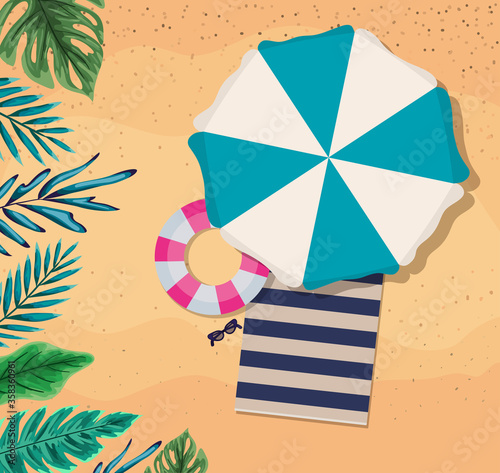 beach with umbrella float and towel top view design, Summer vacation and tropical theme Vector illustration