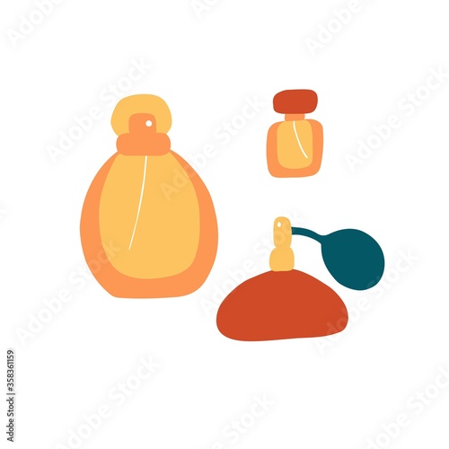 Perfume icons set. Different shapes of bottles. Fragrance signs. Doodle flat vector graphic