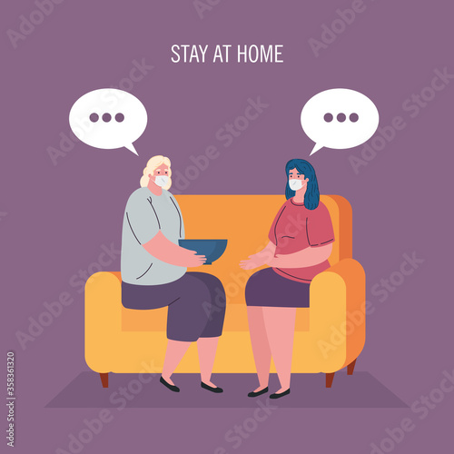 stay home, women wearing medical mask, quarantine or self isolation vector illustration design