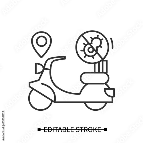 Scooter delivery icon. Courier scooter with corona virus stop and location sign linear pictogram. Safe and fast food order service in covid pandemic line illustration pictogram. Editable stroke vector