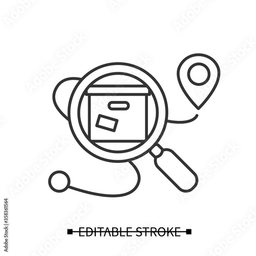 Delivery tracking icon. Line pictogram of parcel location under magnifier. Concept pictogram for safe expedited goods, online shopping and retail logistics Editable stroke vector illustration