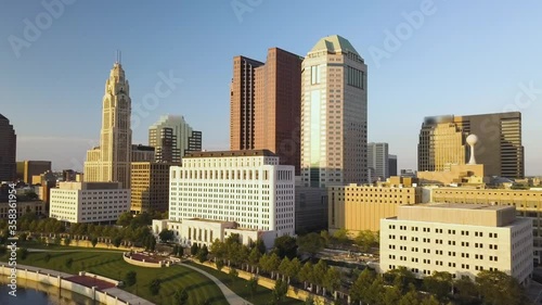 452 Closeup Aerial view of pulling out of downtown Columbus Ohio