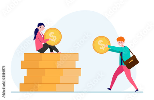 Man giving money to woman. Salary, family budget, banker flat vector illustration. Investment, saving, finance management concept for banner, website design or landing web page