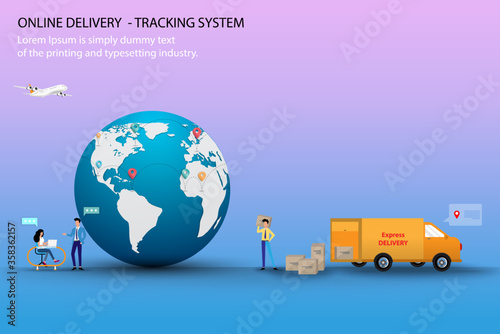 Concept of online delivery and tracking system, team of logistics department are working to prepare and track the shipments to deliver the goods to customers by van and airplane.