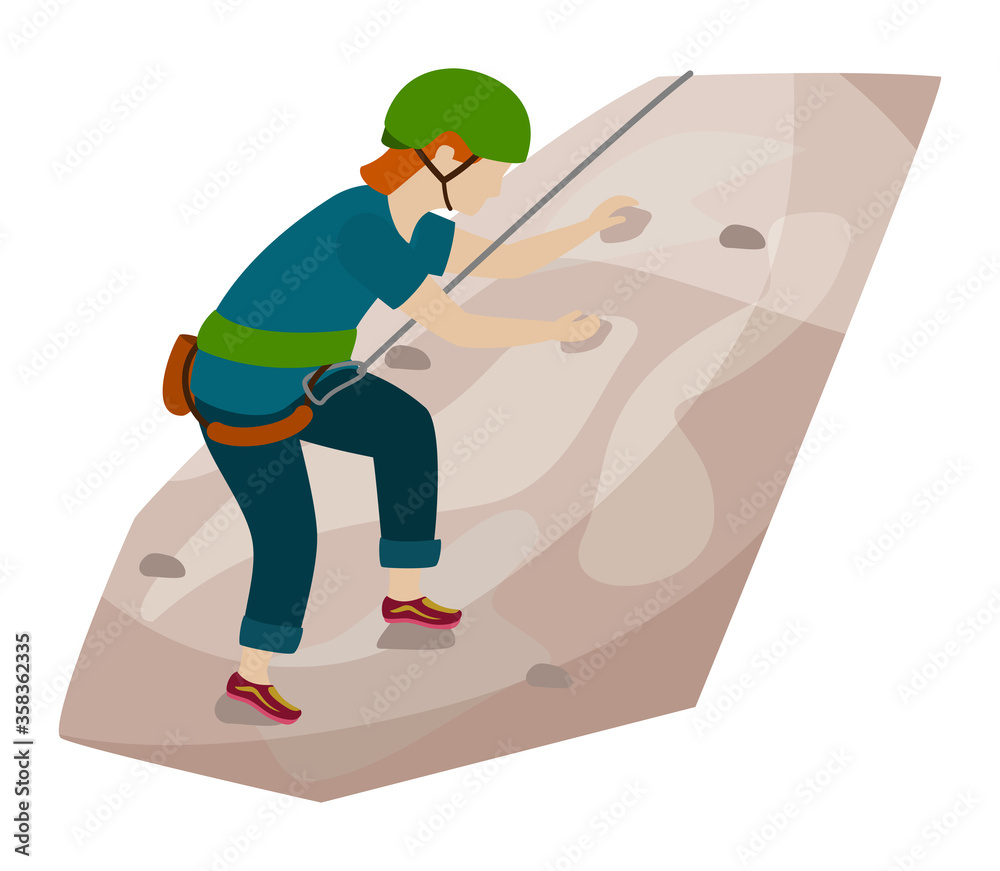 Obraz premium Kids climbing vector climber children character climbs rock mountain wall or mountainous cliff illustration mountaineering set of child in extreme sport mountaineer isolated on white background..