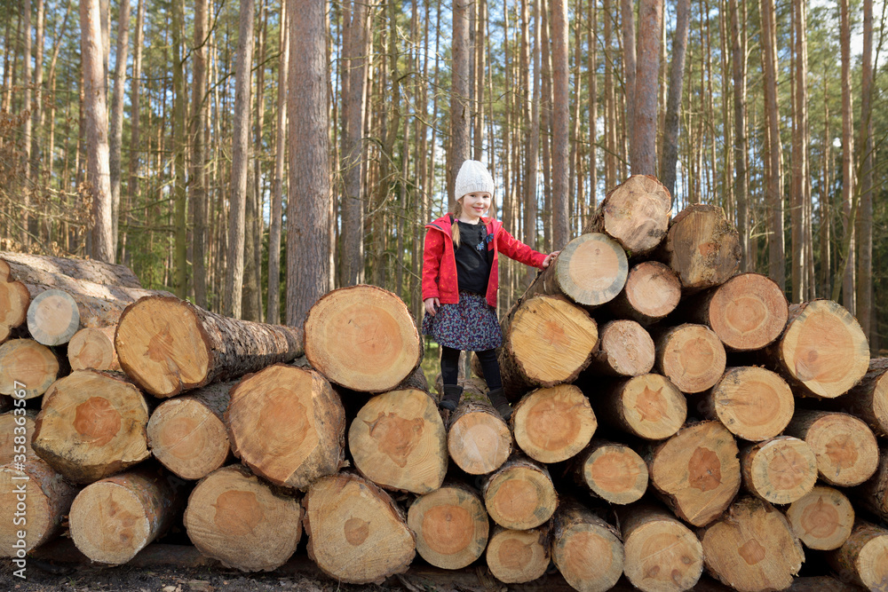 Little girl standing on stack of wood in the forest Little girl standing on stack of wood in the forest
