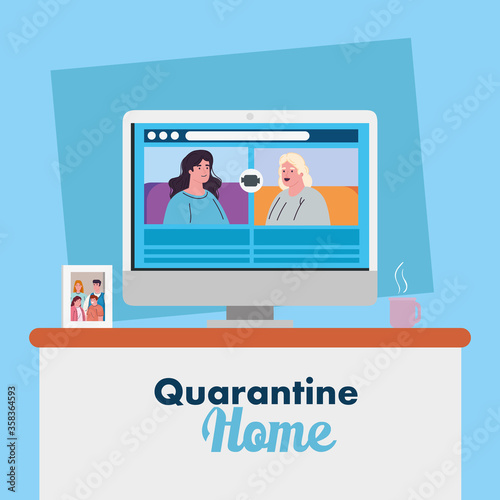 women talk to each other on the monitor screen, conference video call, stay at home, quarantine concept vector illustration design