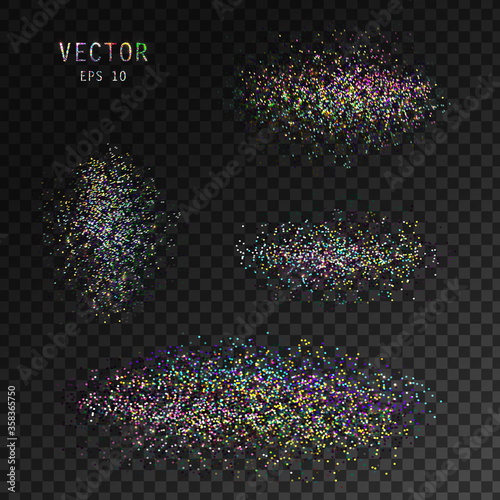 Vector glitter set on black background. Isolated objects. Holographic, disco multicolored, color vibrant, neon hologram, vivid, bright, pink, blue textures for design