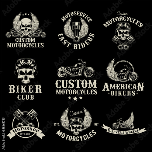 Motor bike shop logo set. Biker club emblems, moto service garage badges and stamps. Vector illustration for retro advertising design, motorcycling racers community, motorbike repair concept