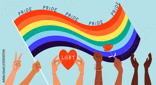 Rainbow Pride flag and people's hands. Variety of hands holding flowers, hearts and showing different gestures. LGBTQ concept. Hand-drawn Homosexual people. Equality and love protection.